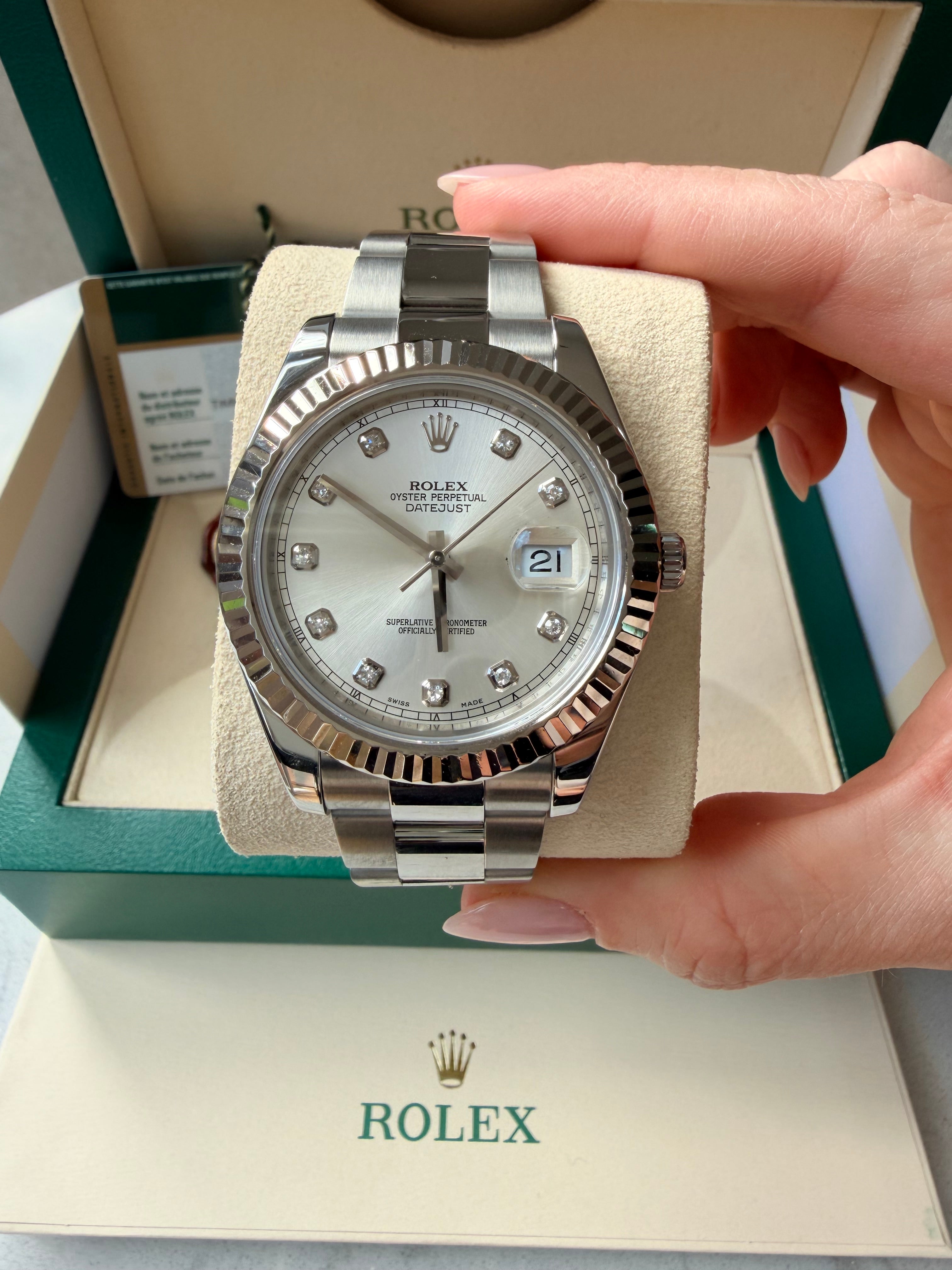 Rolex Date just II stainless steel factory diamond dot dial 116334 complete with box and papers 2010 on hold