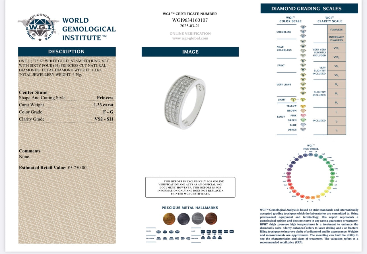 18k white gold 1.33ct natural princess cut diamond half band ring certified