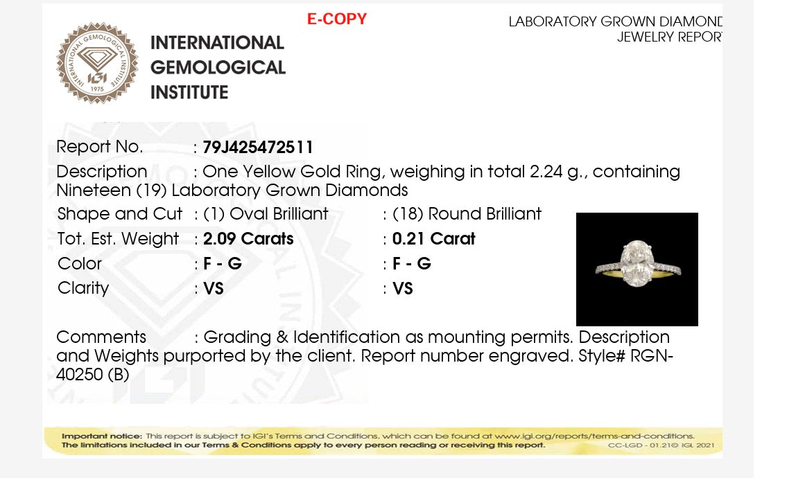 2.30ct Oval Cut Lab grown Diamond Ring IGI certified 9k yellow Gold