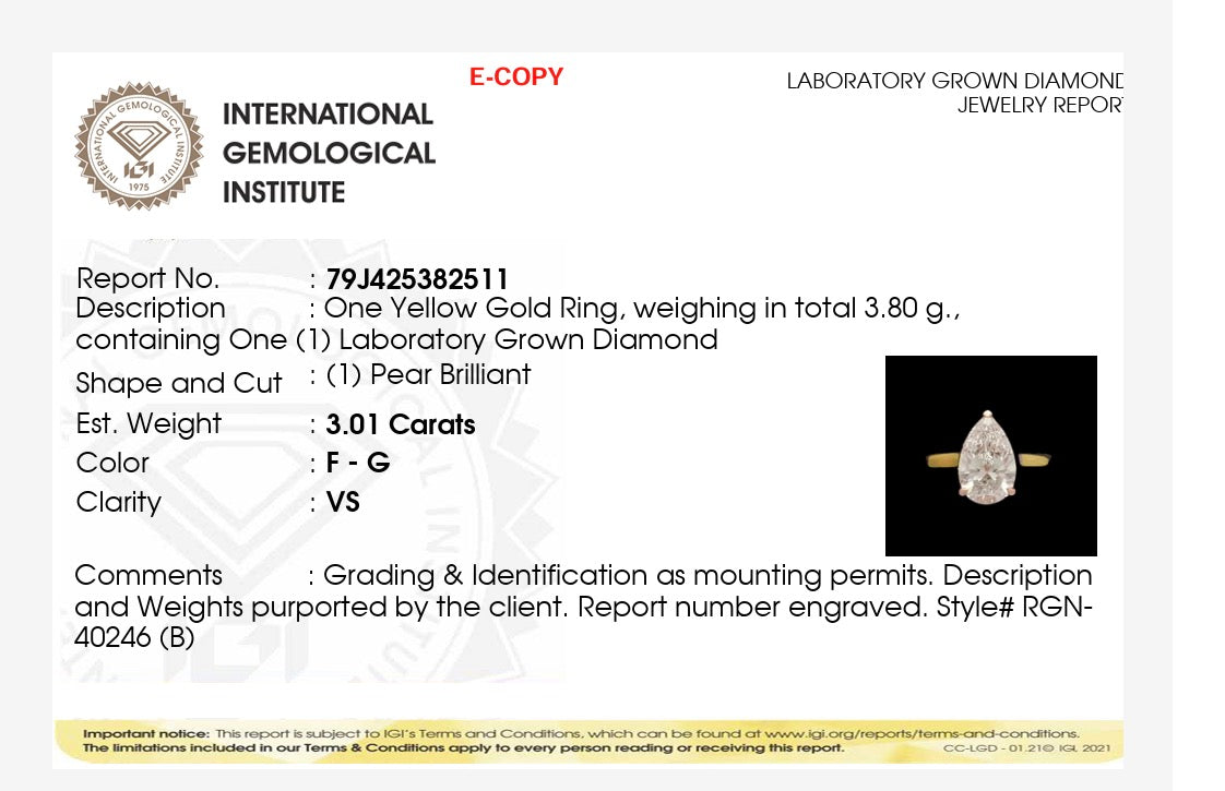 3.01ct pear cut Lab Grown Diamond Solitaire Ring IGI Certified set in 9k yellow gold