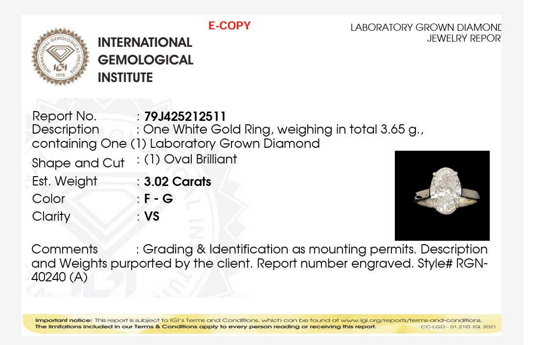 3.02ct oval cut Lab Grown Diamond Solitaire Ring IGI Certified set in 9k white gold