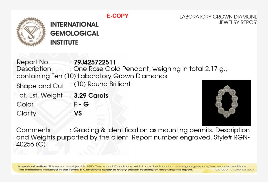 3.29ct round cut lab grown diamond oval Pendant 9k Rose Gold IGI certified