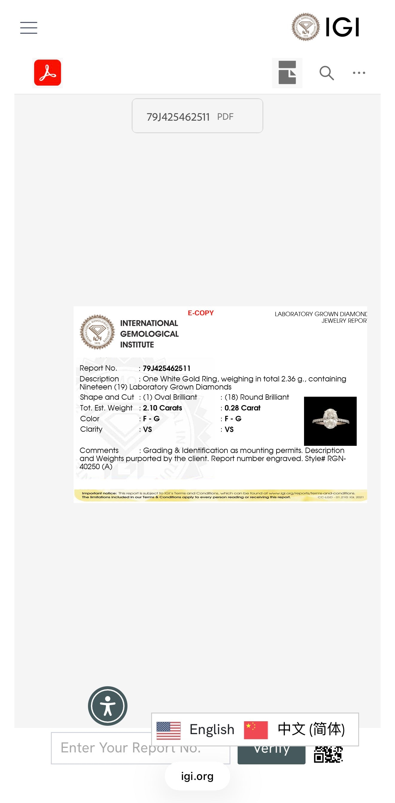 2.38ct Oval Cut Lab grown Diamond Ring IGI certified 9k White Gold