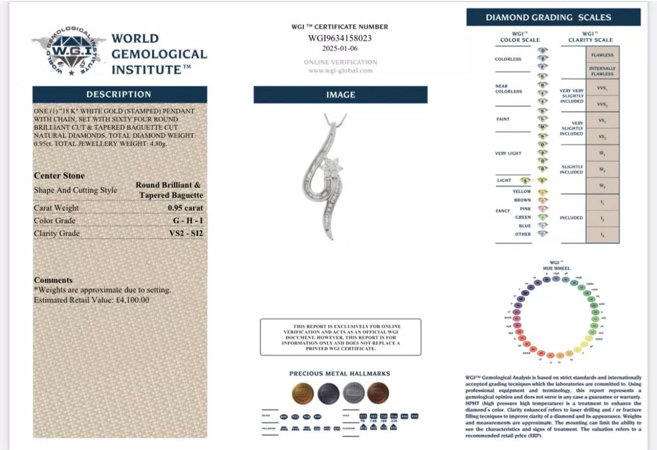 18k White Gold 0.95ct Natural Diamond Cluster Pendant And Chain Set Certified