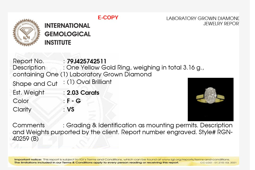 2.03ct oval cut Lab Grown Diamond Solitaire Ring IGI Certified set in 9k yellow gold