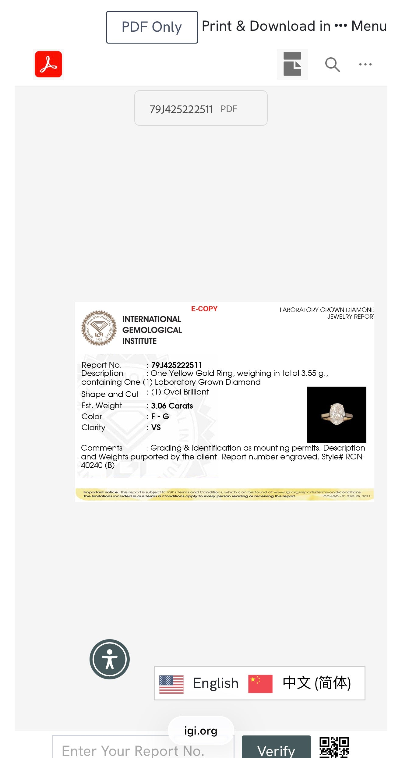 3.06ct oval cut Lab Grown Diamond Solitaire Ring IGI Certified set in 9k yellow gold