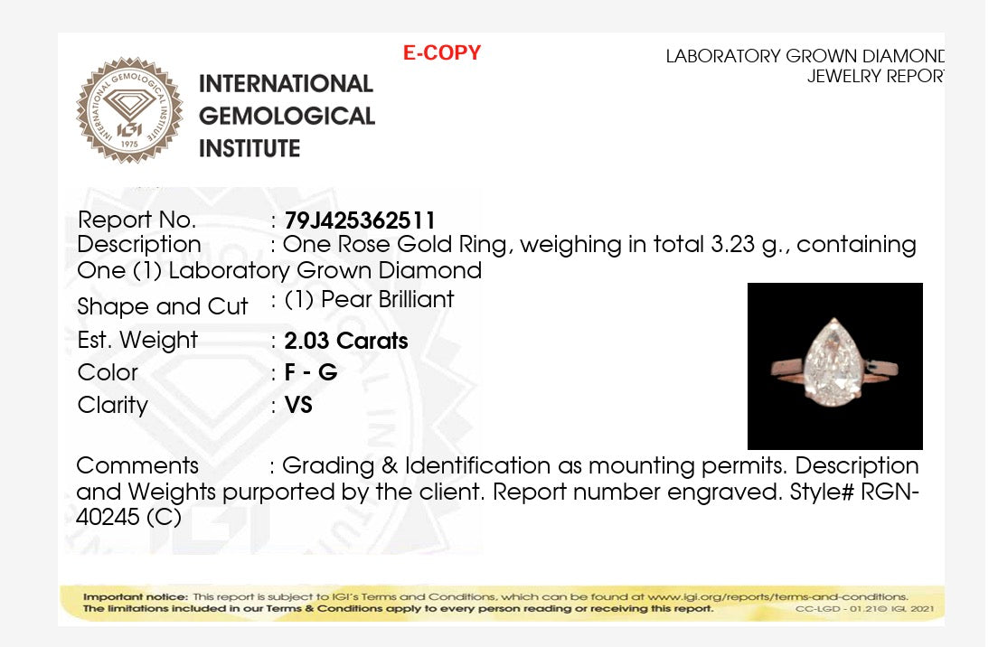 2.03ct pear cut Lab Grown Diamond Solitaire Ring IGI Certified set in 9k Rose gold