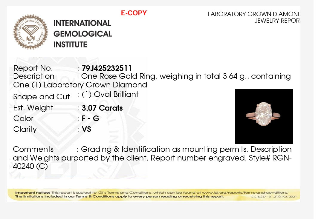 3.07ct oval cut Lab Grown Diamond Solitaire Ring IGI Certified set in 9k rose gold