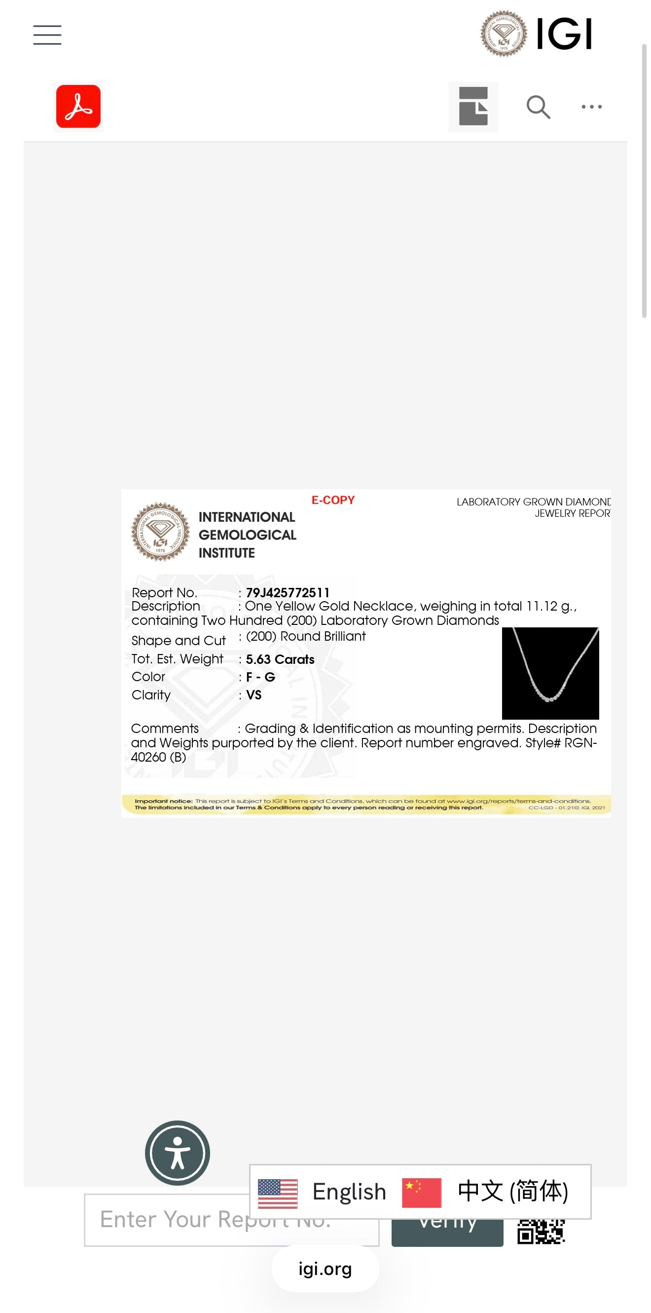 5.63ct Round Cut Lab grown Diamond graduated Tennis necklace IGI certified 9k yellow Gold