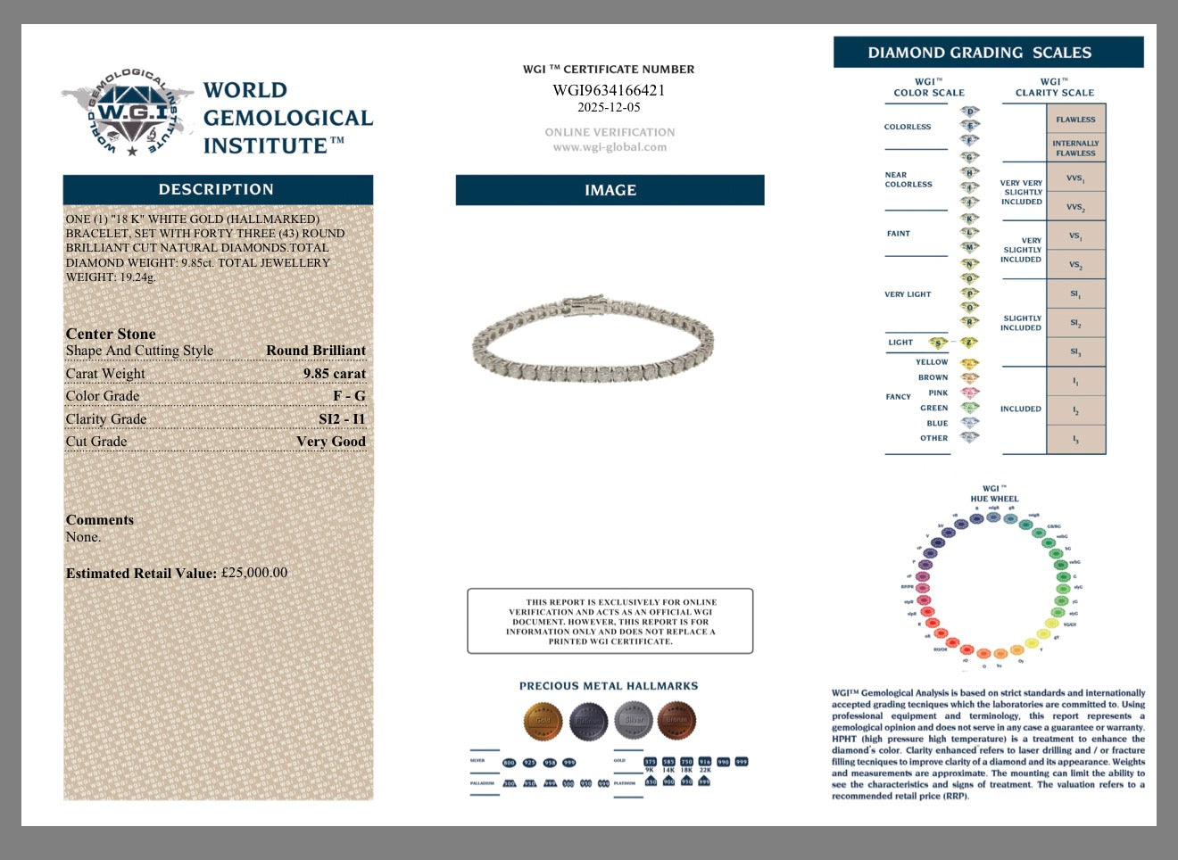 18k White Gold 9.85ct Natural Round Cut Diamond Bracelet Certified