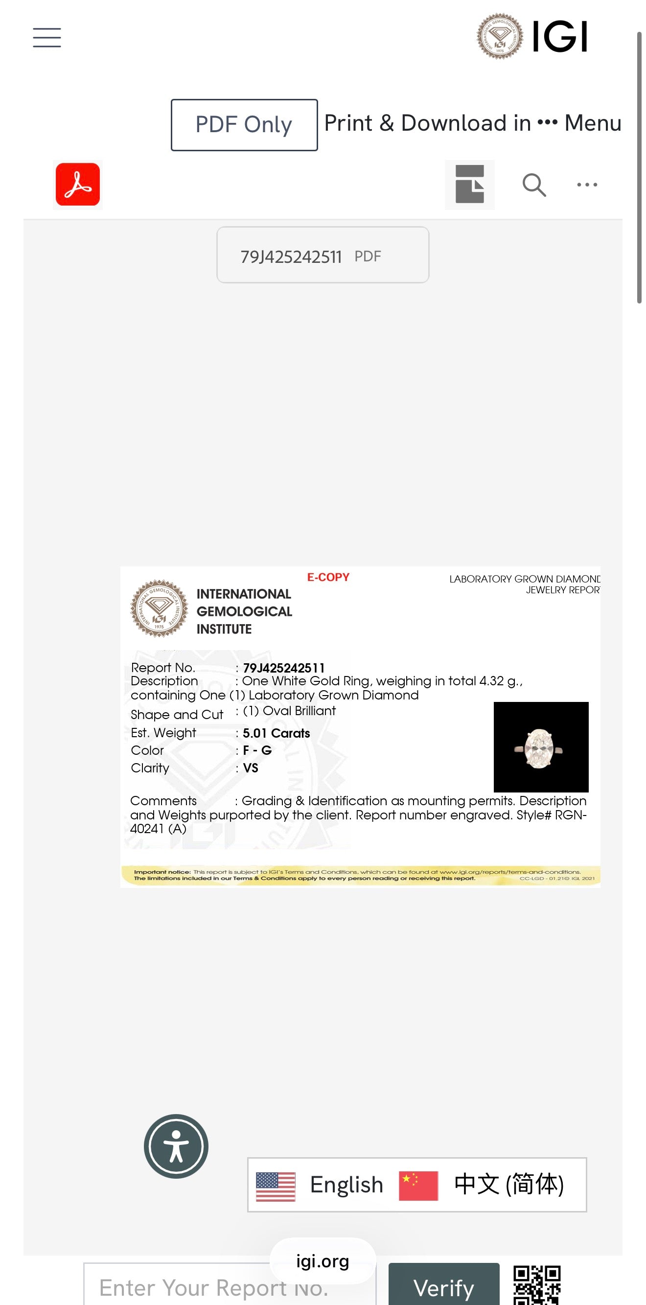 5.01ct Oval brilliant cut Lab Grown Diamond Solitaire Ring IGI Certified set in 9k white gold