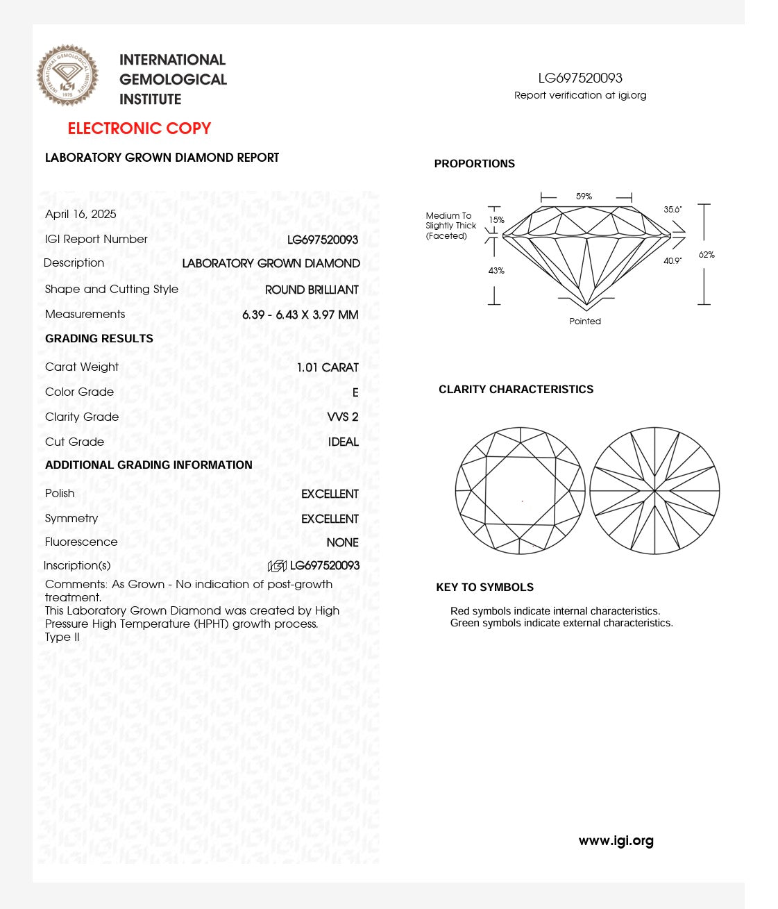 1.01ct VVS2 Round Brilliant Cut lab grown Diamond Solitaire Pendant IGI certified 18k White Gold