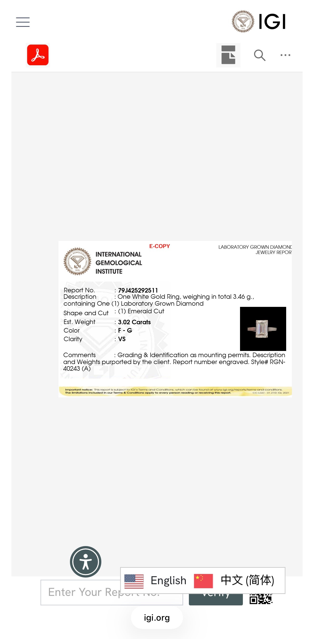 3.02ct emerald cut Lab Grown Diamond Solitaire Ring IGI Certified set in 9k white gold