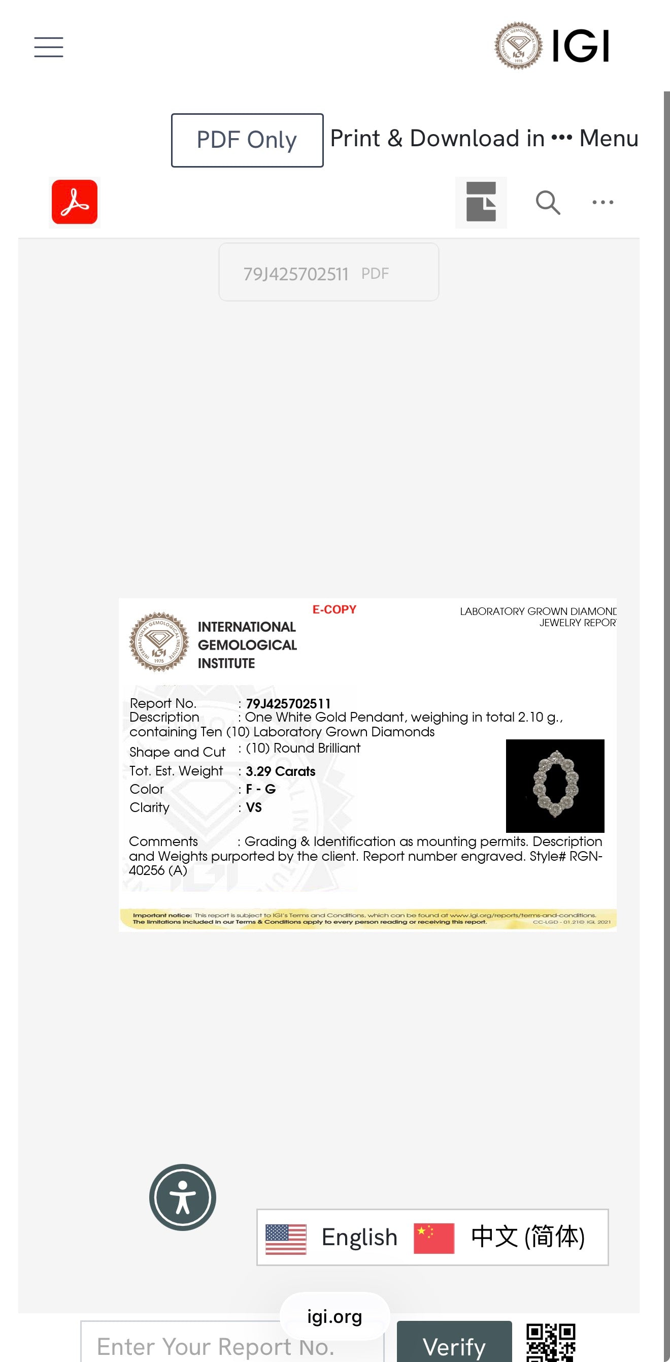 3.29ct round cut lab grown diamond oval Pendant 9k White Gold IGI certified