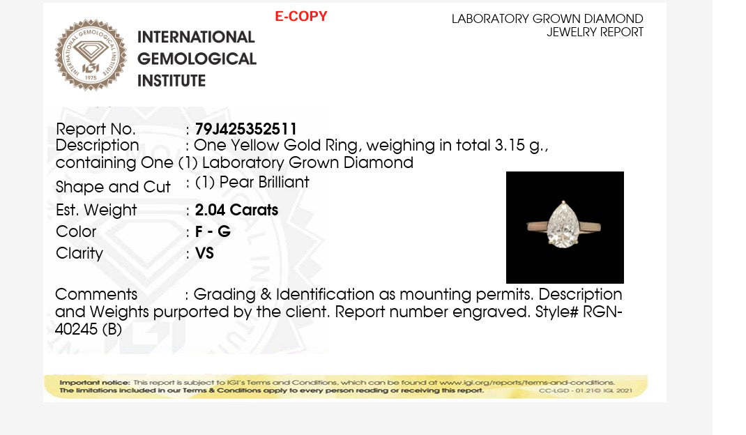 2.04ct pear brilliant cut Lab Grown Diamond Solitaire Ring IGI Certified set in 9k yellow gold