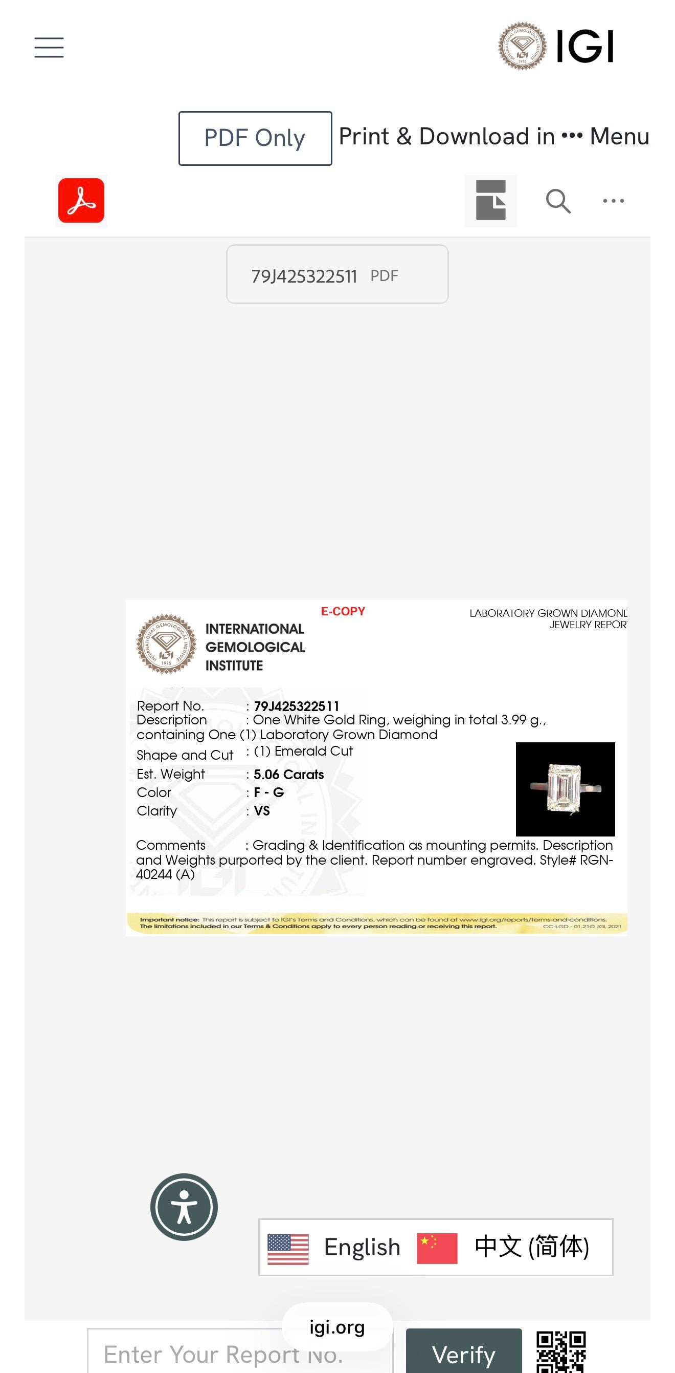 5.06ct emerald cut Lab Grown Diamond Solitaire Ring IGI Certified set in 9k white gold