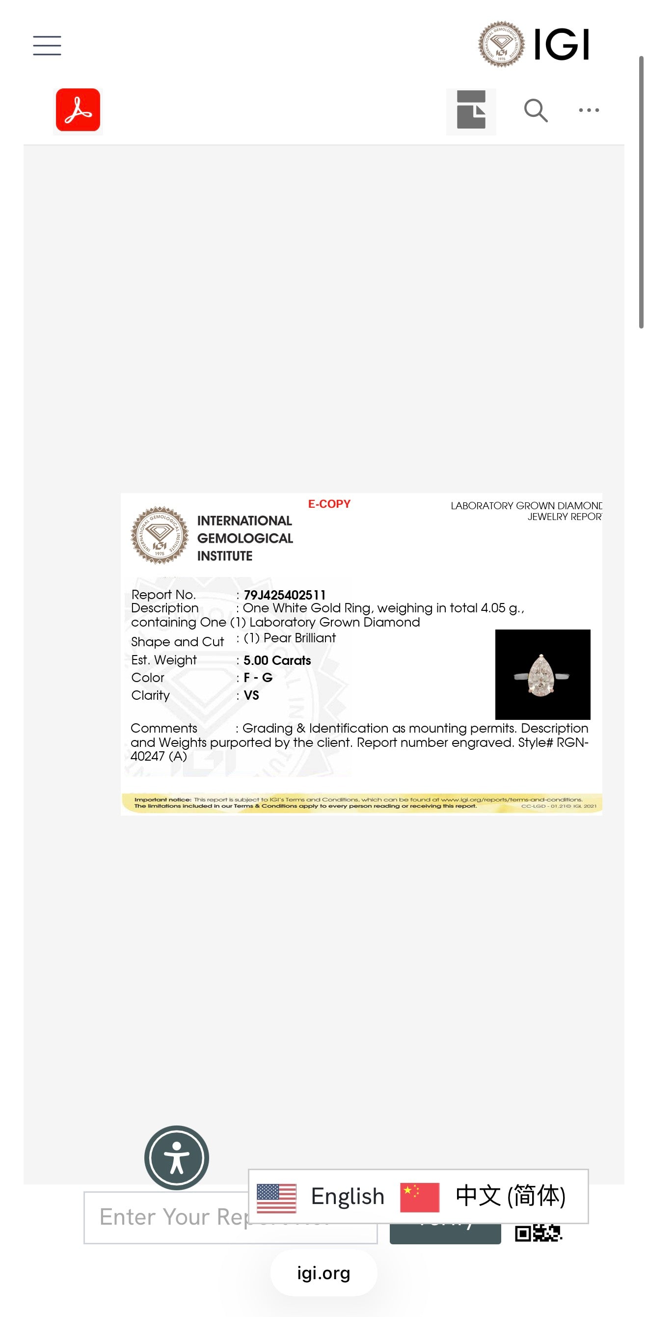 5.00ct pear brilliant cut Lab Grown Diamond Solitaire Ring IGI Certified set in 9k white gold