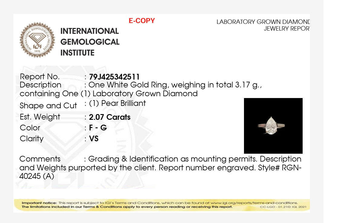 2.07ct pear cut Lab Grown Diamond Solitaire Ring IGI Certified set in 9k white gold