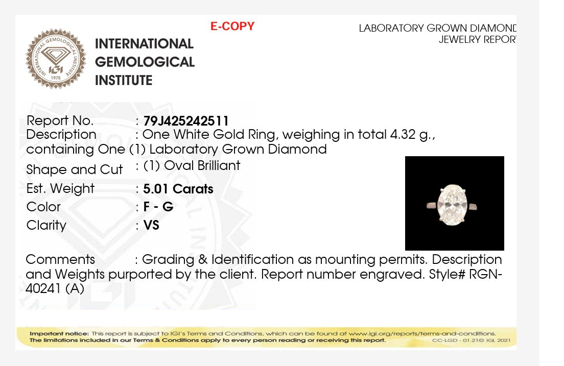 5.01ct Oval brilliant cut Lab Grown Diamond Solitaire Ring IGI Certified set in 9k white gold