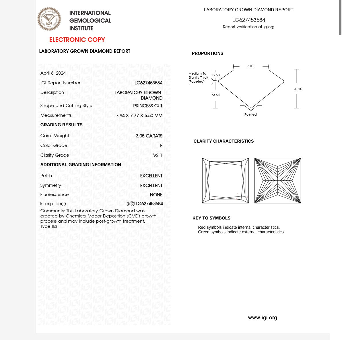 3.05ct princess cut Lab Grown Diamond Solitaire Ring IGI Certified set in platinum