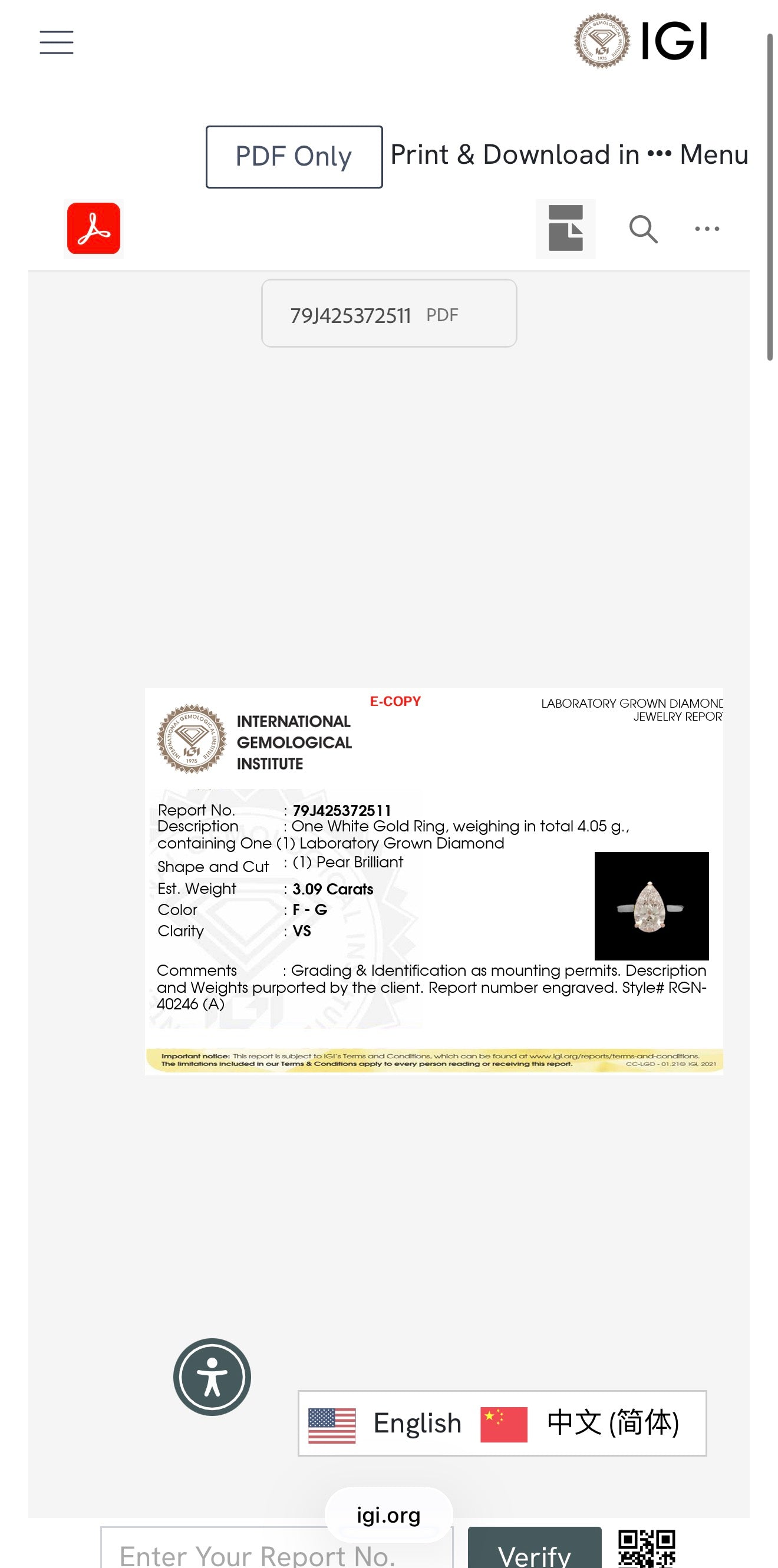 3.09ct pear cut Lab Grown Diamond Solitaire Ring IGI Certified set in 9k white gold