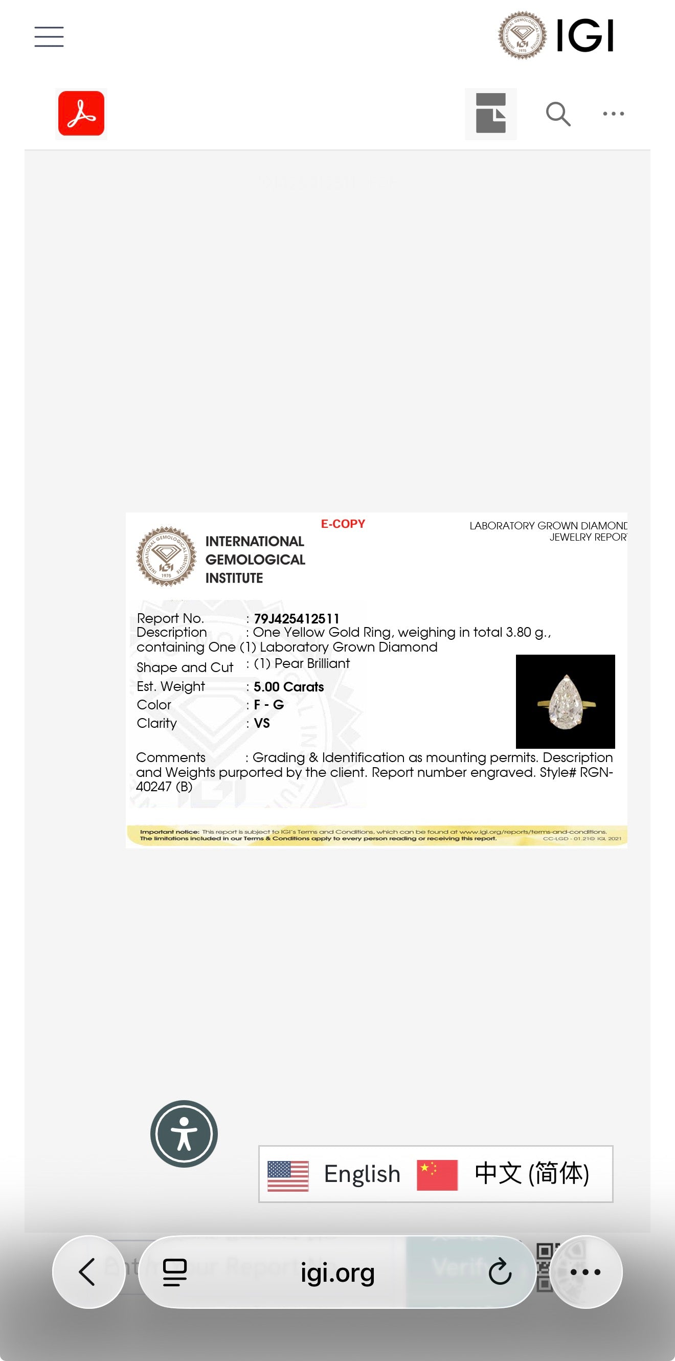 5.00ct pear brilliant cut Lab Grown Diamond Solitaire Ring IGI Certified set in 9k yellow gold