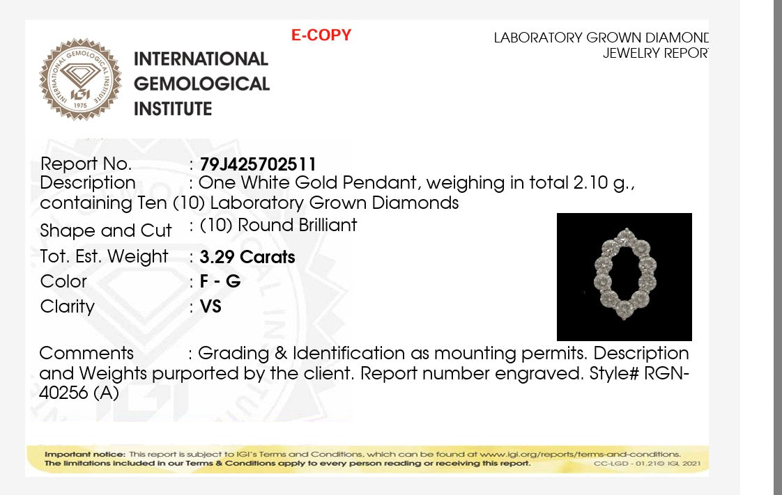 3.29ct round cut lab grown diamond oval Pendant 9k White Gold IGI certified