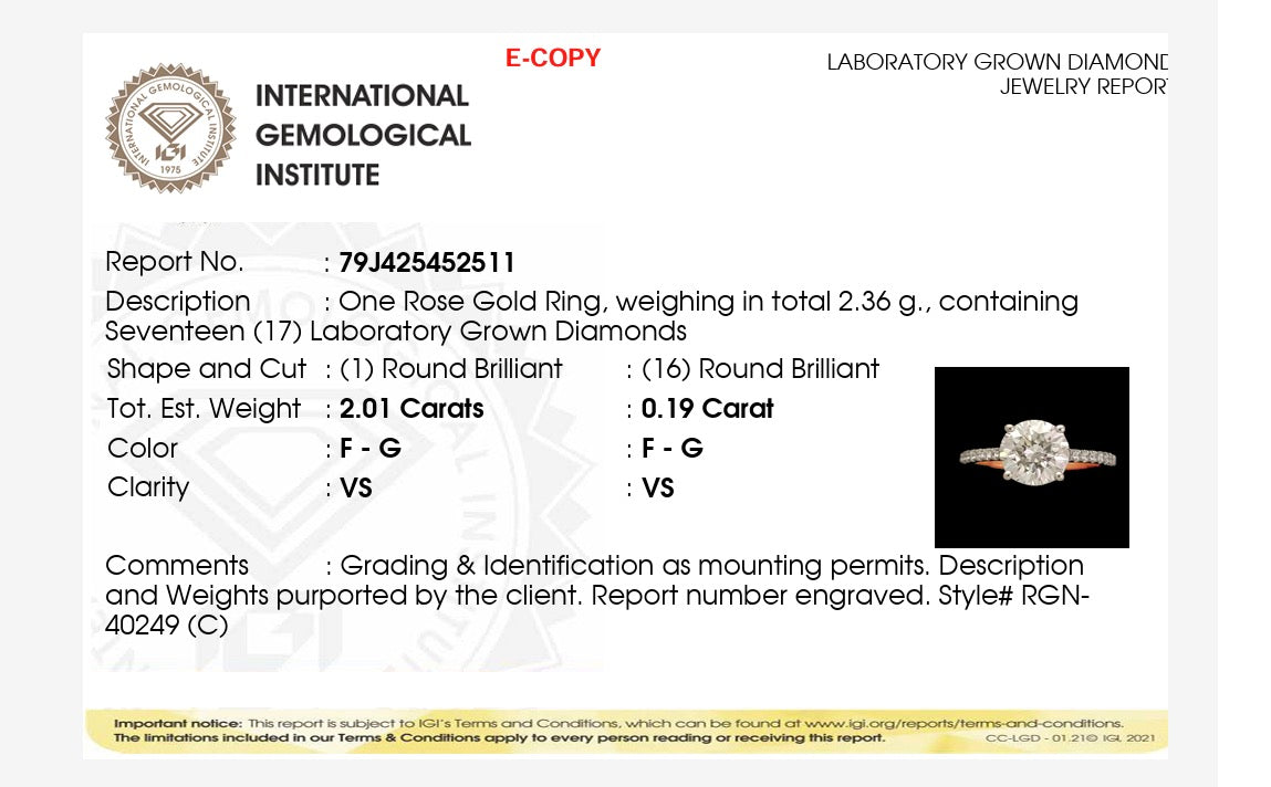 2.20ct round brilliant Cut Lab grown Diamond Ring IGI certified 9k Rose Gold