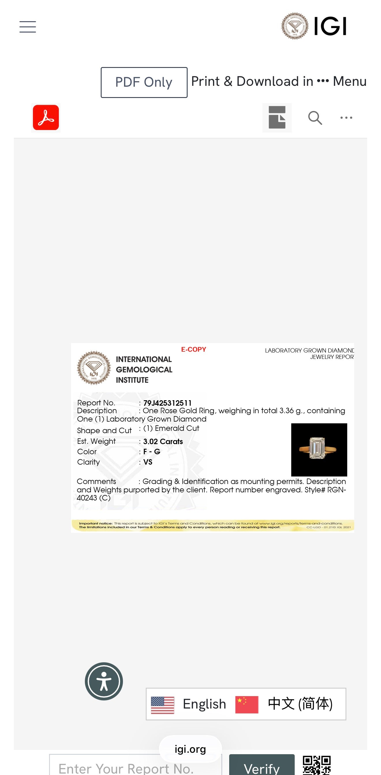 3.02ct emerald cut Lab Grown Diamond Solitaire Ring IGI Certified set in 9k rose gold