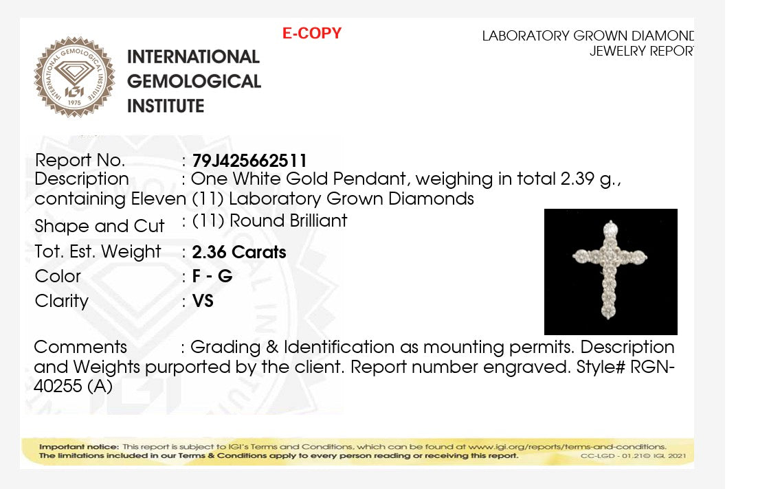 2.36ct round cut lab grown diamond Cross Pendant 9k White Gold IGI certified