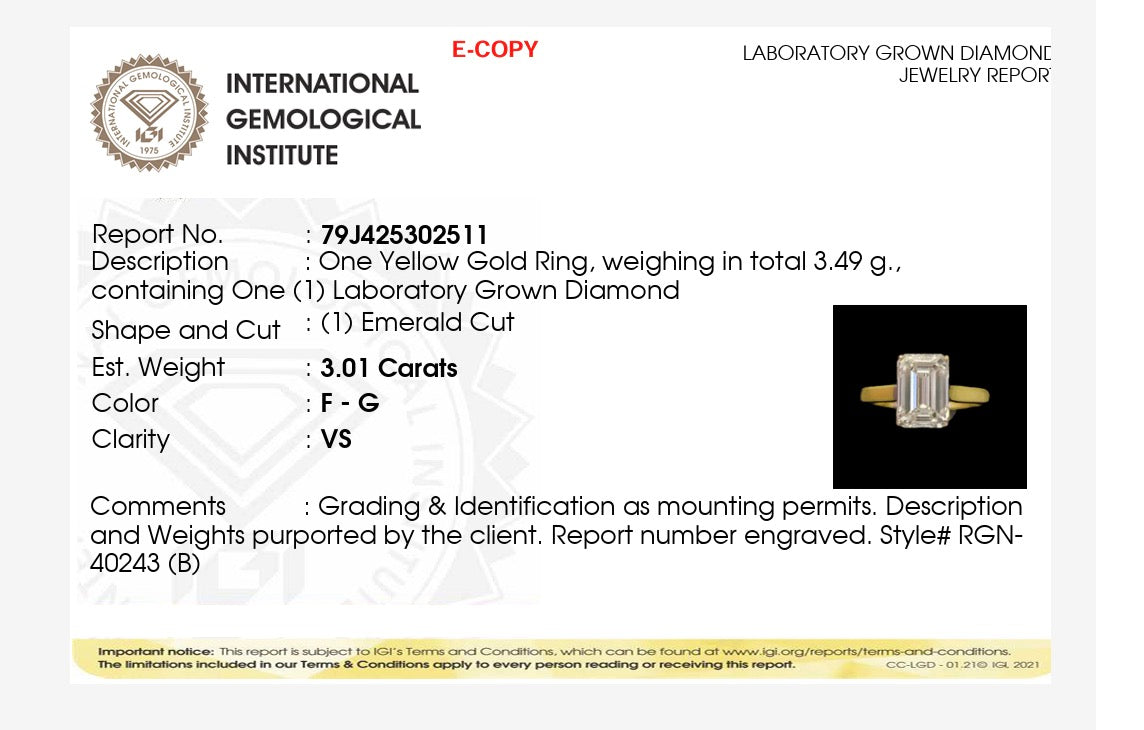 3.01ct emerald cut Lab Grown Diamond Solitaire Ring IGI Certified set in 9k yellow gold