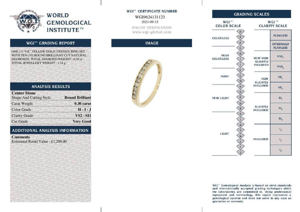 9k Yellow Gold 0.30ct Natural Diamond Half Eternity Ring certified