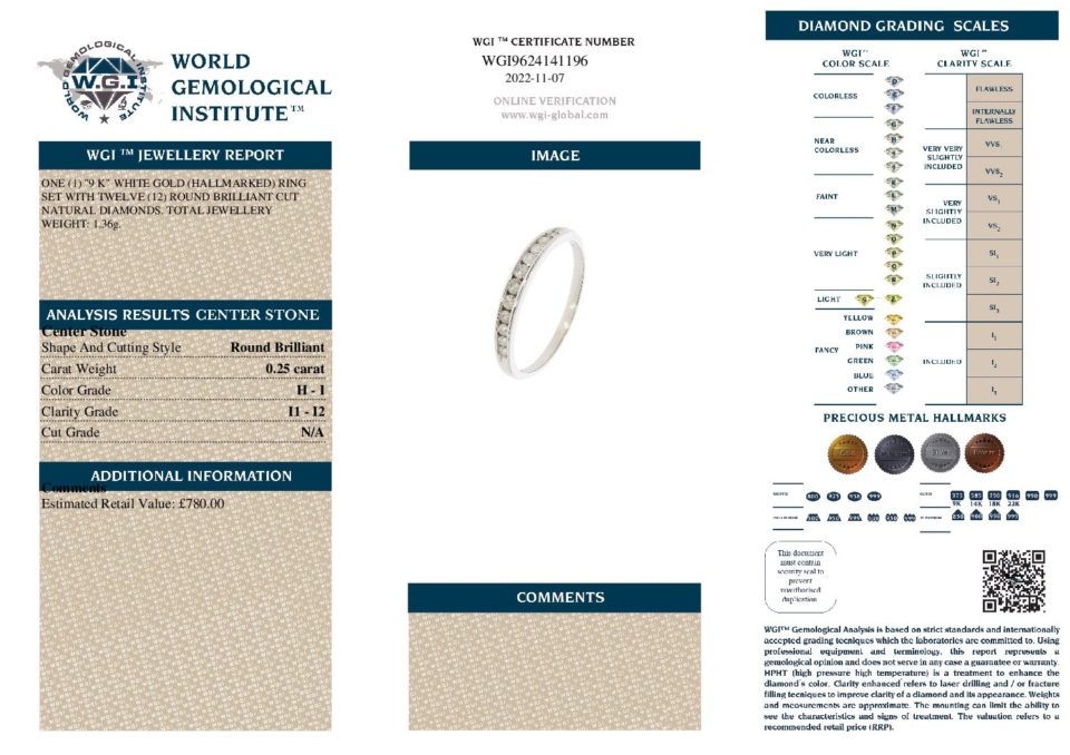 9k White Gold 0.25ct Natural Diamond Half Eternity Ring